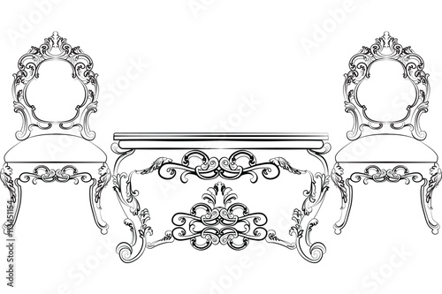 Baroque Luxurious style furniture. Elegant Wood table and chair set with rich acanthus ornaments. Vector sketch