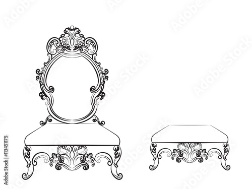 Baroque Luxurious style furniture. Rich table chair and bench set with rich acanthus ornaments. Vector sketch