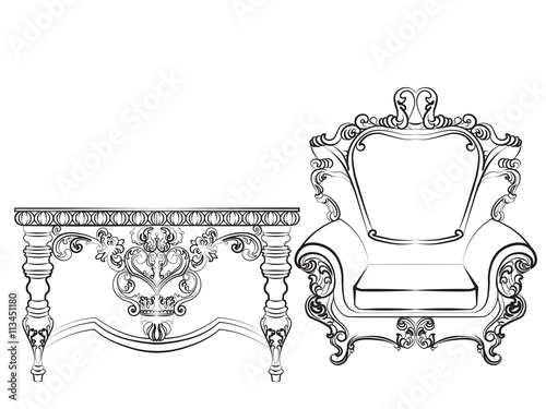 Baroque Imperial style furniture. Wood table and armchair set with luxurious ornaments. Vector sketch