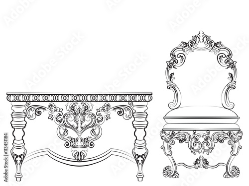 Baroque Imperial style furniture. Wood table and chair set with luxurious ornaments. Vector sketch