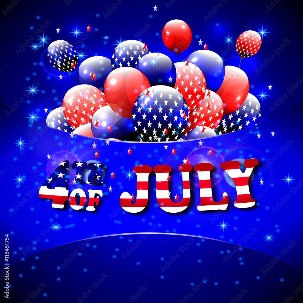 Happy 4th of July design. Blue background, baloons with stars, striped ...