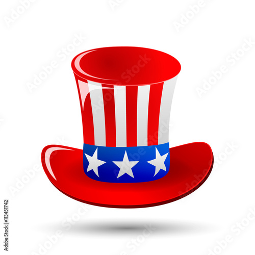 Patriotic Uncle Sam hat for 4th of July public holiday card greetings in vector format. Cartoon or doodle style. isolated on white background. American stars and stripes.