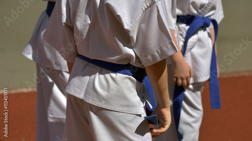 The members of the sports club of martial arts with colorful belts on demonstration performances