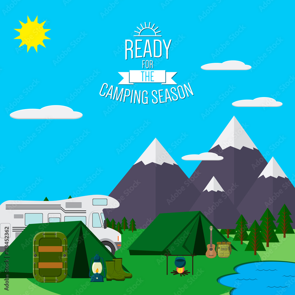 City and Mountains with forest and lake landscape flat vector illustration, concept for holiday and vacation, camping and hiking, outdoor adventure, with recreation place, tents raft and RV