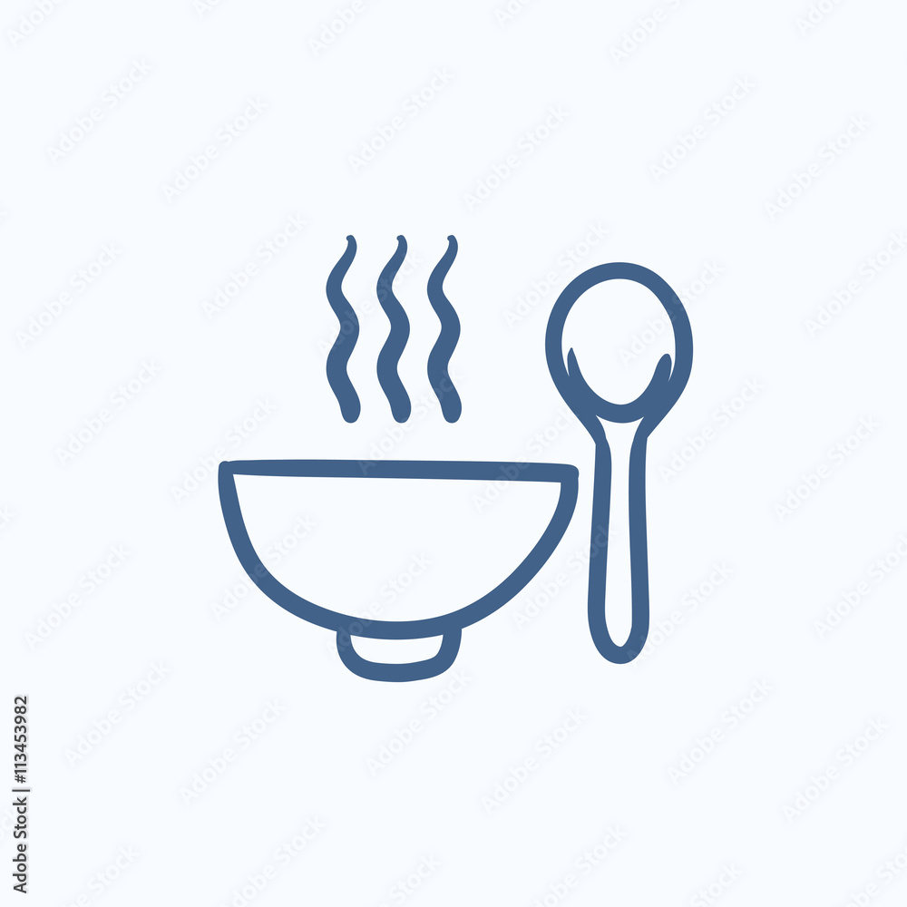 Bowl of hot soup with spoon sketch icon. Bowl of hot soup with spoon sketch icon.