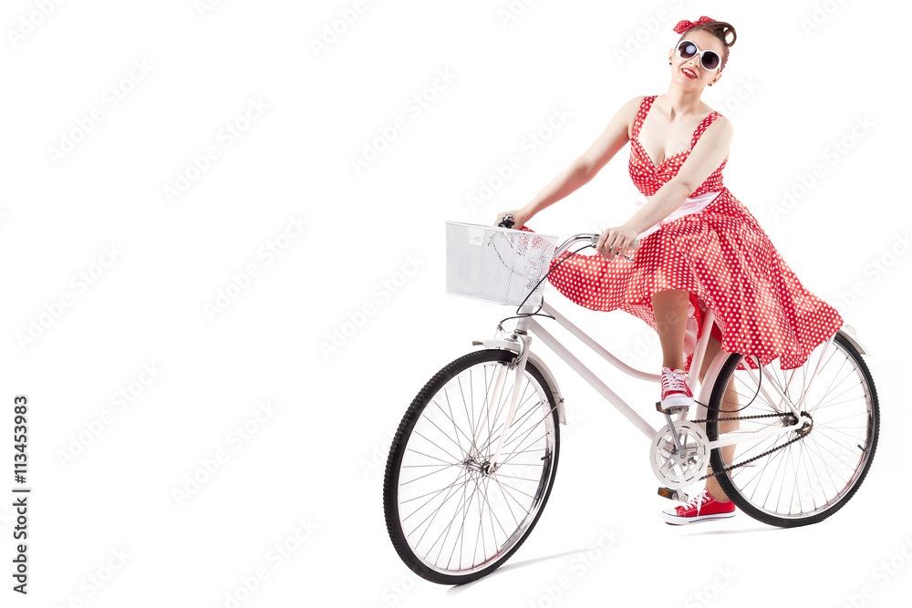 Pin up girl posing with a vintage bicycle, isolated on white bac Stock  Photo | Adobe Stock