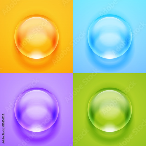 Set of transparent glass sphere with glares and highlights. White pearl, water soap bubble, shiny glossy orb. Vector illustration with transparencies, gradient and effects for your design and business
