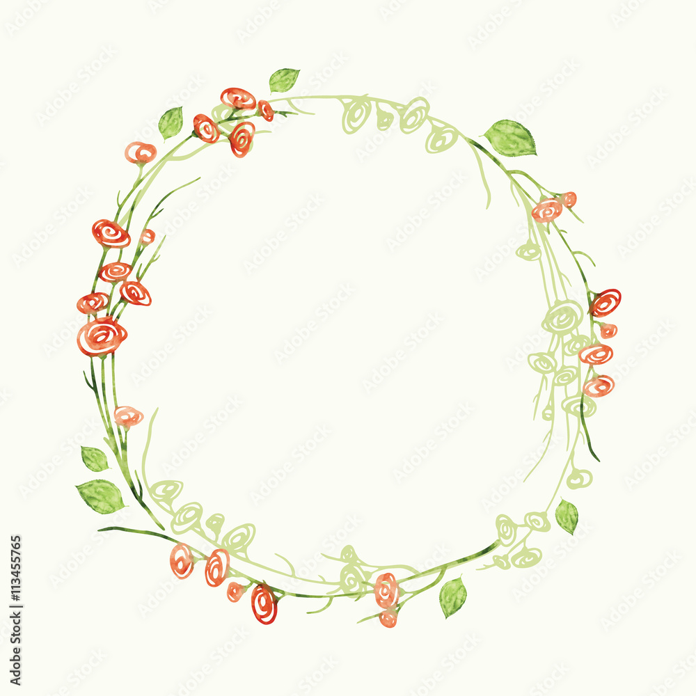 Vector watercolor round floral frame. Hand draw romantic herbal border