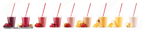 Nine, multifruit smoothies isolated on white, in plastic cup with fruits 