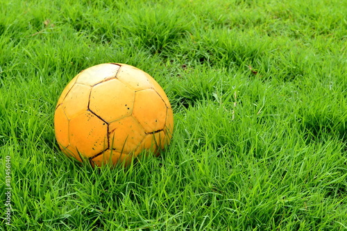 Yellow football on green grass in evening day sport outdoor recreation.