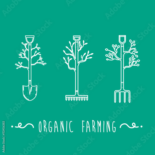 Set organic farming. Eco concept logo. Shovel, pitchfork and rake with a growing tree. Vector illustration