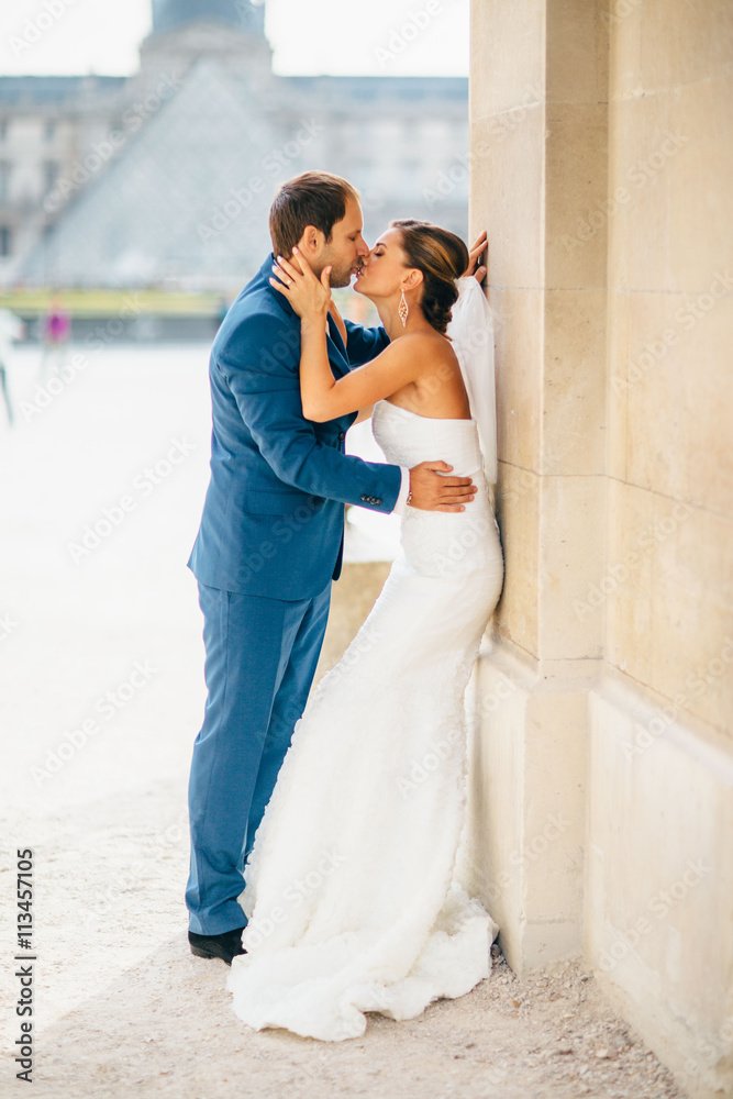 love and romance, couple on honeymoon near Eiffel Tower in Paris