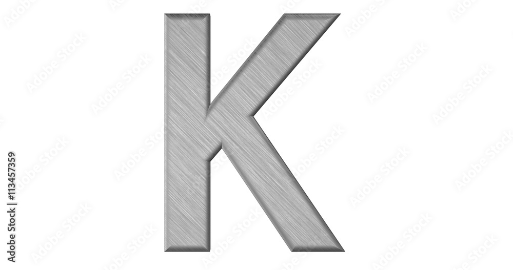 The 3d rendering of the letter K in brushed metal on a white iso The 3d rendering of the letter K in brushed metal on a white iso