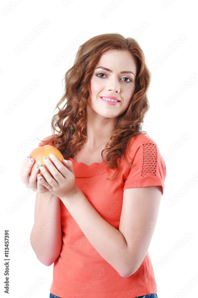 Portrait of a young beautiful woman with orange Portrait of a young beautiful woman with orange