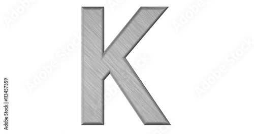 The 3d rendering of the letter K in brushed metal on a white iso