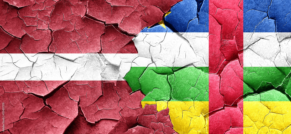Latvia flag with Central African Republic flag on a grunge crack Latvia flag with Central African Republic flag on a grunge crack