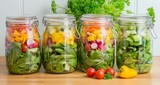 Salad in glass storage jars. Four in a line.