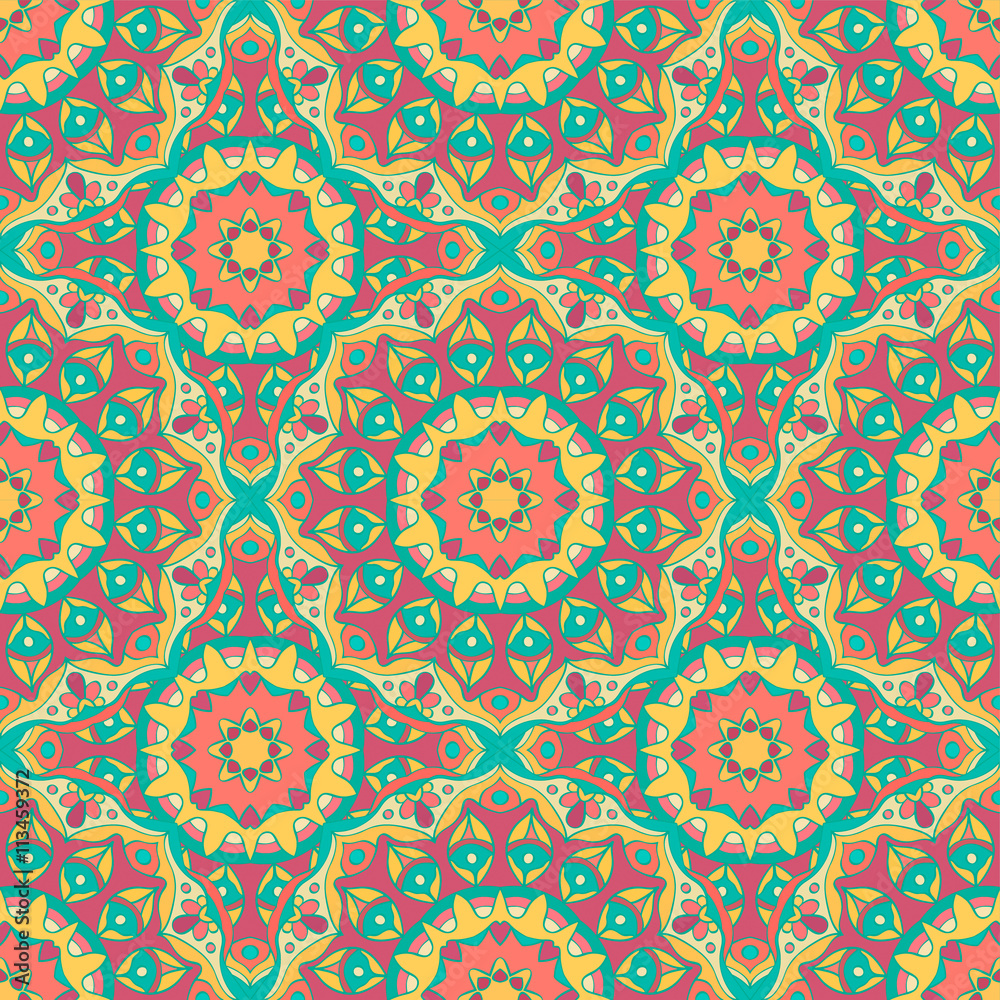 Decorative seamless pattern with mandalas in beautiful colors. Vector background. Can be used for wrapping paper, scrapbooking, print, invitation and other
