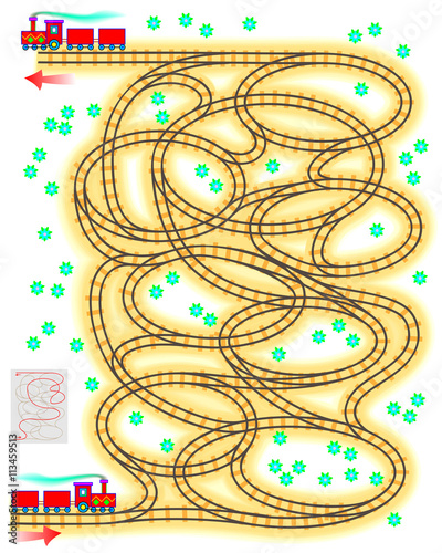 Logic puzzle with labyrinth - need to find the way for train from beginning to end. Vector image.