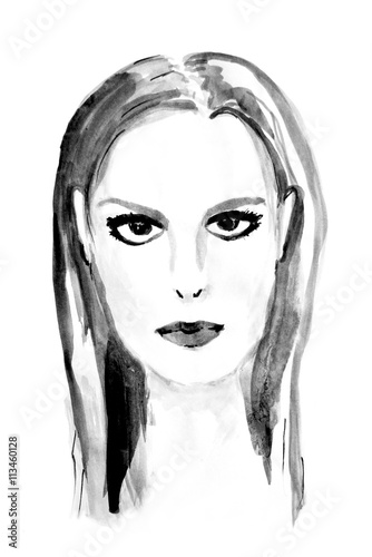 Woman, ink drawing. Fashion illustration. Ink sketch on white background