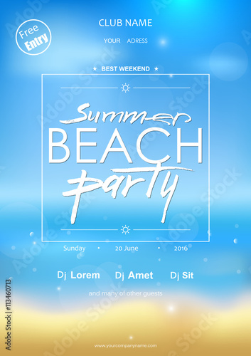 Summer beach party typography template for placard, flyer, voucher, invitation,presentation, brochure with place for text. White text on blurred beach background. Hand drawn lettering "Summer Party".