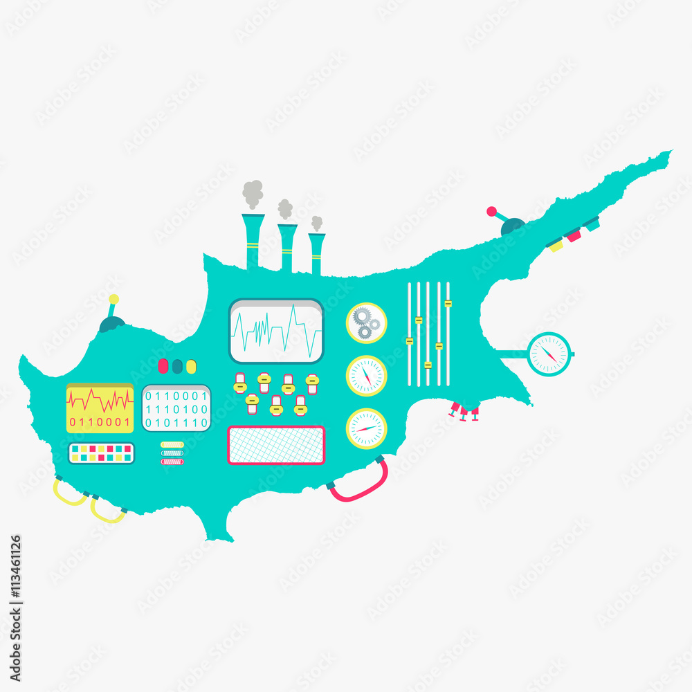 Map of Cyprus like a cute machine with buttons, panels and levers. Isolated. White background.