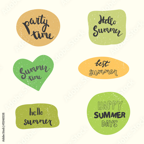Summer stickers vector set. Handwritten party time, hello summer, summer time, best summer, happy summer days.
