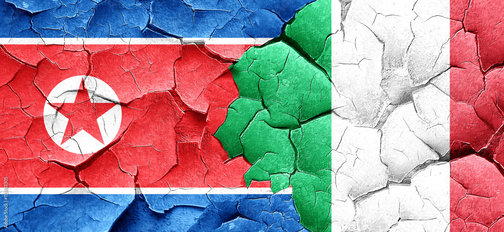 North Korea flag with Italy flag on a grunge cracked wall North Korea flag with Italy flag on a grunge cracked wall