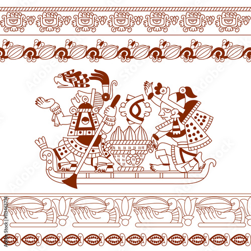 sketch drawing aztec cacao bean, leaves, nibs, pattern on brown