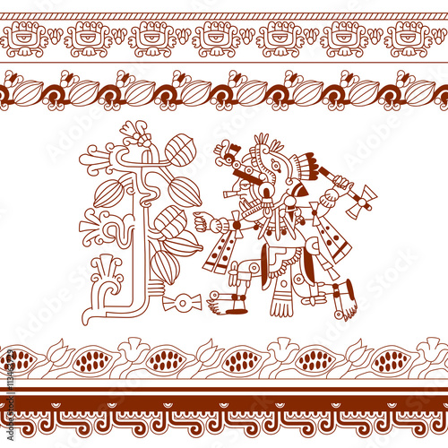 sketch drawing aztec cacao bean, leaves, nibs, pattern on brown