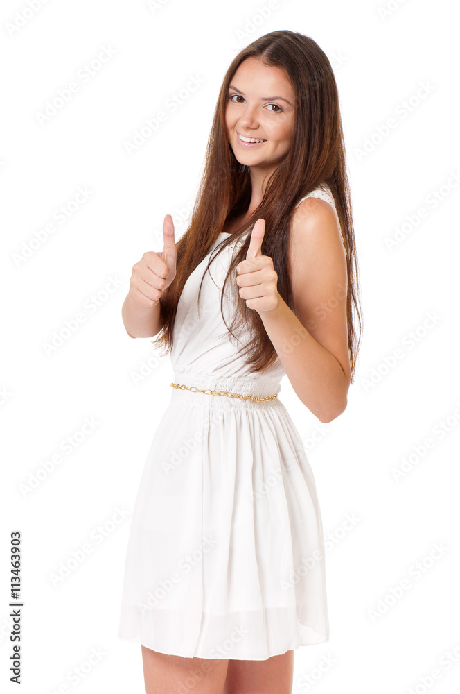 Happy teen girl portrait showing thumbs up, isolated on white background. Young cheerful girl having fun. Happy teen girl portrait showing thumbs up, isolated on white background. Young cheerful girl having fun.