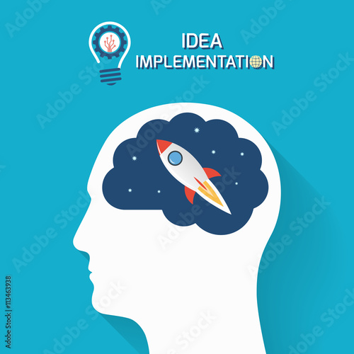 Idea implementation and startup business concept. Human head with brain and rocket. Infographic template. Vector illustration.