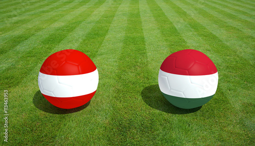Austria / Hungary soccer game on grass soccer field 3d Rendering.