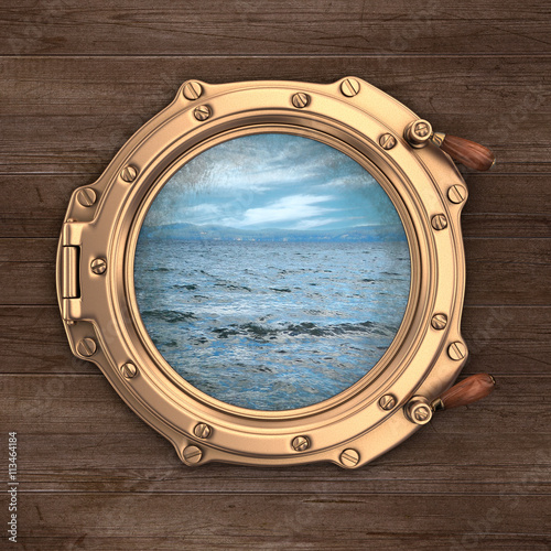 Porthole overlooking the sea. Wooden board. 3d illustration