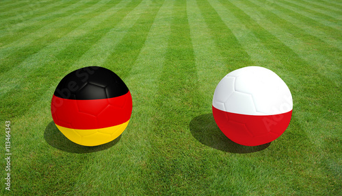 Germany   Poland soccer game on grass soccer field 3d Rendering.