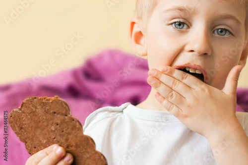 Happy cheerful boy eating chocolate keeps rukazh chocolate bar, photo