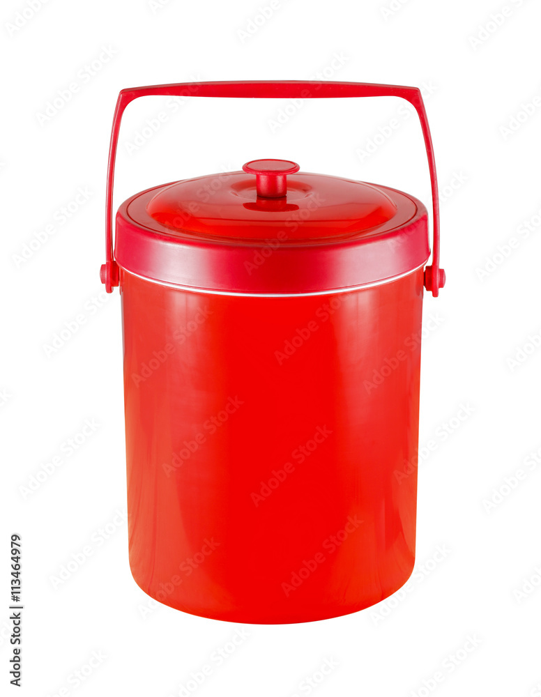 Red plastic bucket with lid isolated on a white background. Red plastic bucket with lid isolated on a white background.