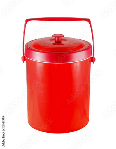 Red plastic bucket with lid isolated on a white background.