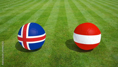 Iceland / Austria soccer game on grass soccer field 3d Rendering.