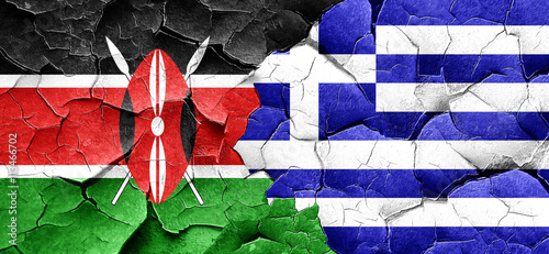 Kenya flag with Greece flag on a grunge cracked wall