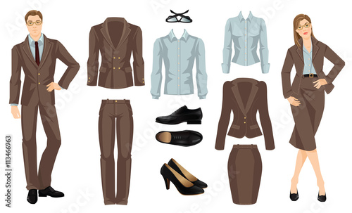 Vector illustration of corporate dress code. Office uniform. Clothes for business people. Secretary or professor in formal brown suit. Woman in glasses. Pair of black classic shoes. 