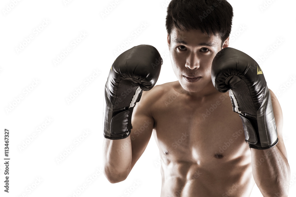 Man in a boxing stand on white background.