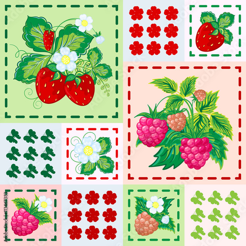 Patchwork background with strawberries and raspberries. Seamless vector pattern.