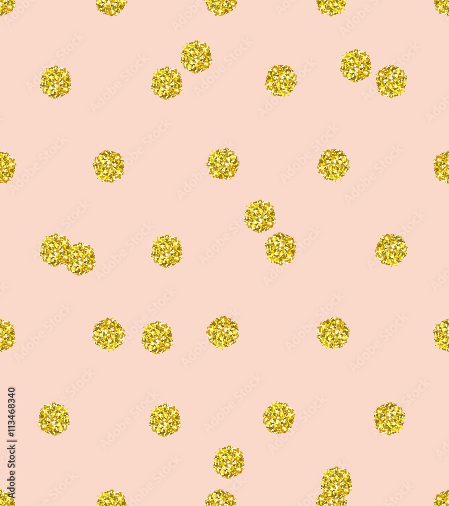 Trendy gold glitter seamless polka dot pattern. Great texture with golden middle-size dots on solid pastel pink background.