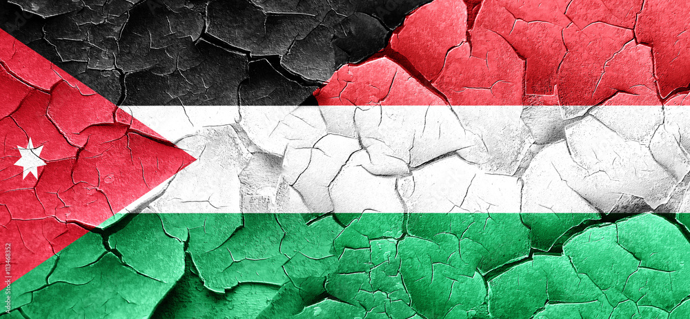 Jordan flag with Hungary flag on a grunge cracked wall