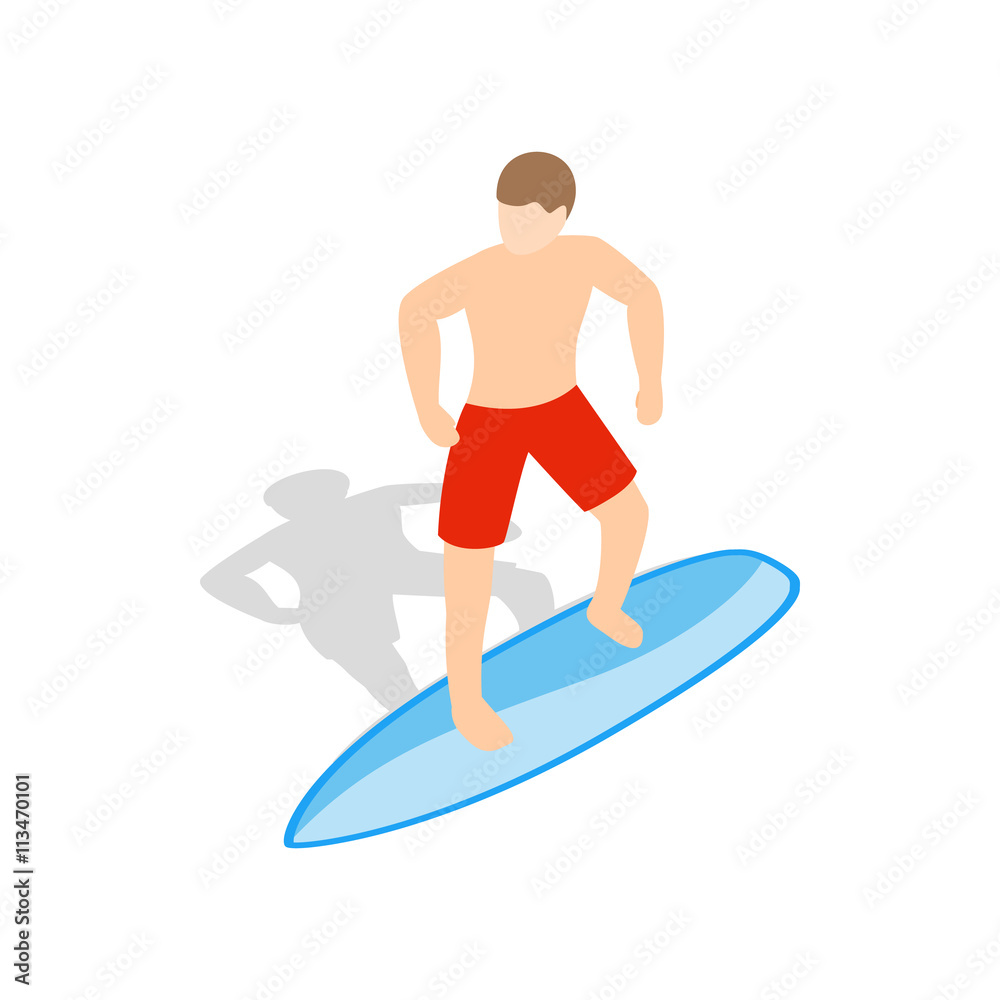Surfer man on surfboard icon, isometric 3d style