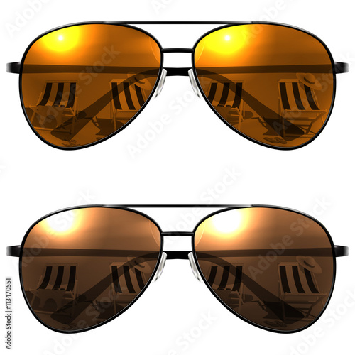 Black Sunglasses on a white background. 
Beach reflection. Vector Illustration