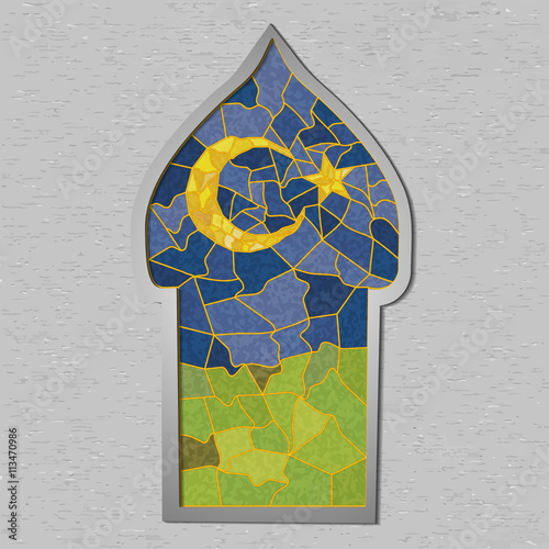 Beautiful mosque in colored stained glass with crescent and star. Art for islamic festival. Eid mubarak. Ramadan careem. photo