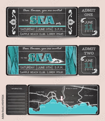 Summer Invitation Template. Chalkboard design. Ticket to a sea p