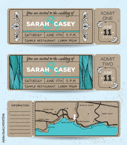 Marine wedding invitation set. Ticket to a sea party with road m